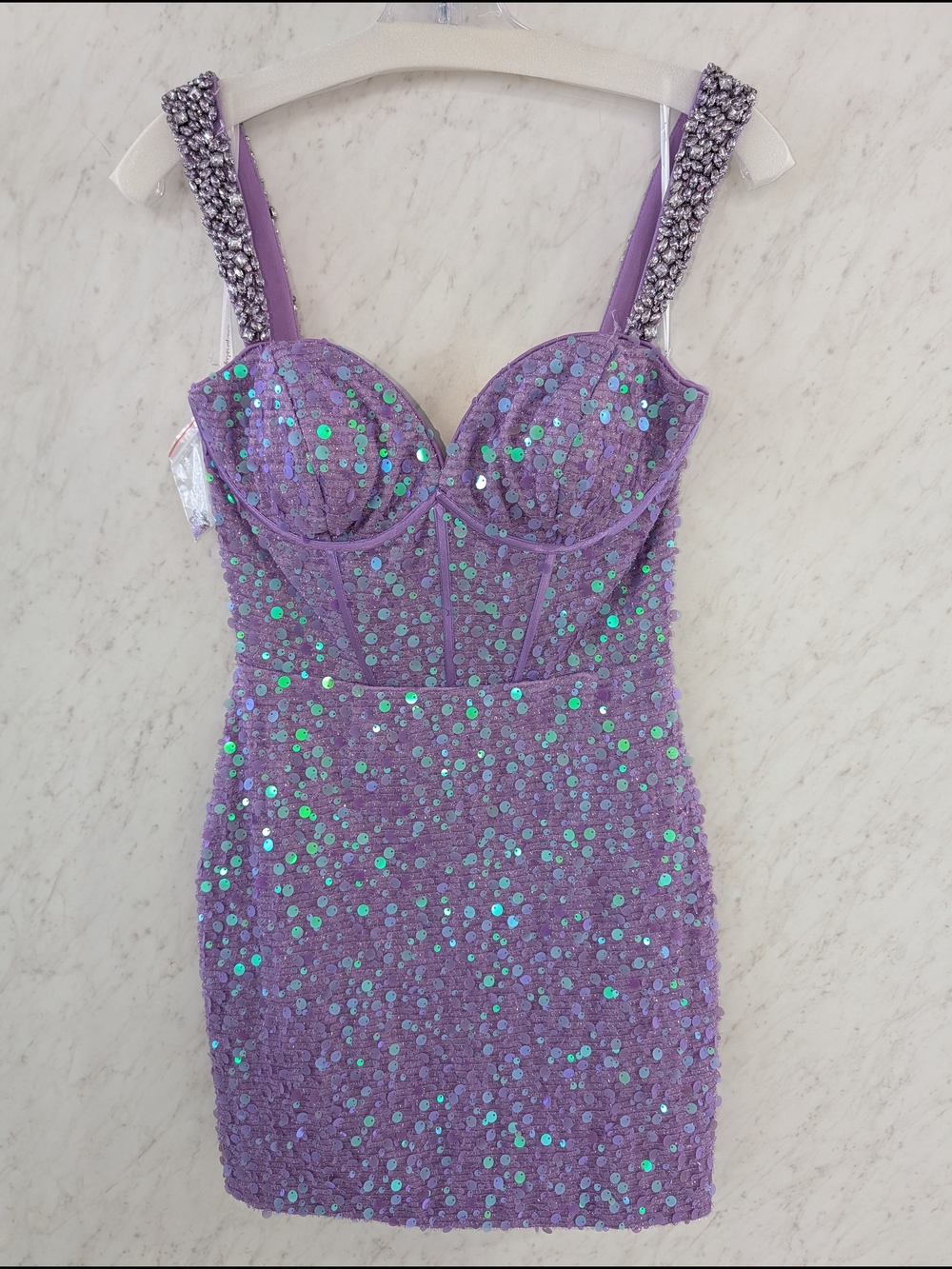 Lace & Sequin Lavender Prom Mini Dress with Embellished Straps